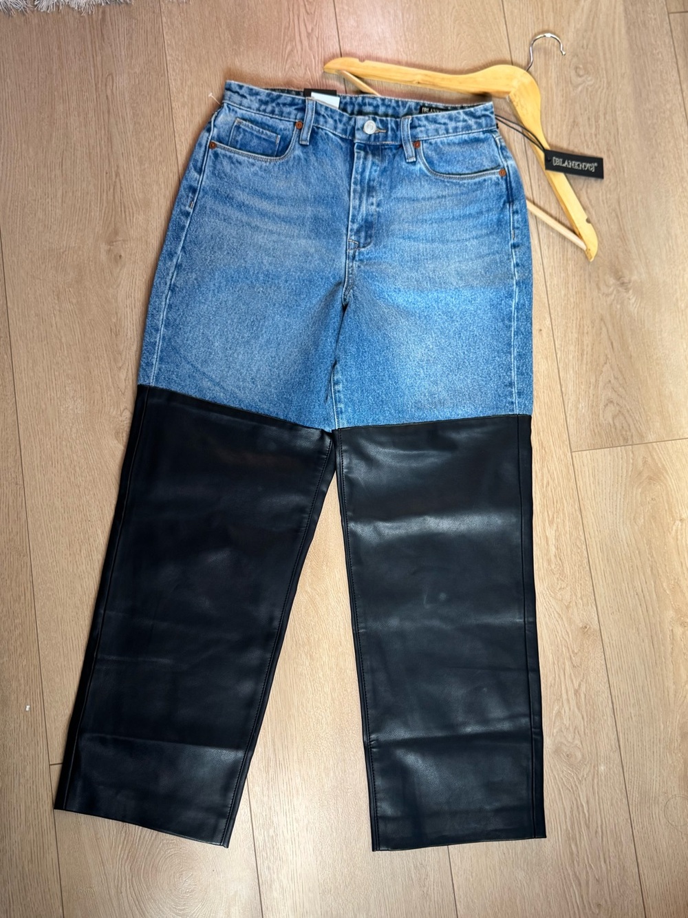 Blank NYC Two-Tone Blue Denim and Faux Leather Wide Leg Jeans | Size 27 - Picture 1 of 15